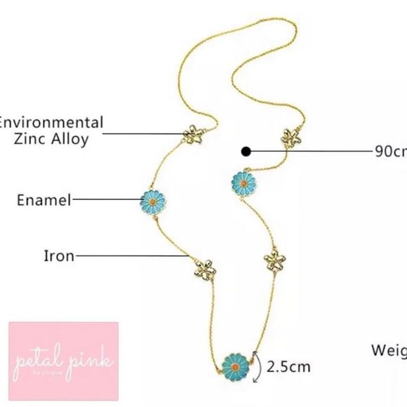 FABULOUS High-End Long Enamel Flower Necklace Blue Gold - Picture 7 of 7